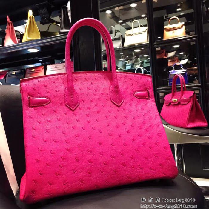 HERMES愛馬仕 鉑金包 Birkin 30 南非原產KK級鴕鳥皮 頂級工藝 玫紅 手縫蠟線 手提包  Ama1240